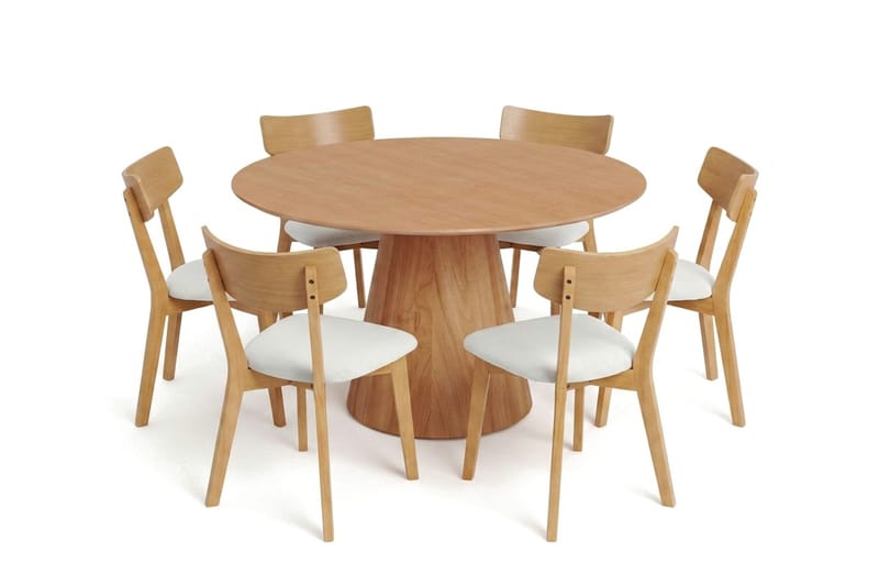 Siena Rund Matgrupp 130 cm – Matbord med 6 Amelia Matstolar med Dyna i Trä med Ekutseende - Natur - Products - Möbler - Bord & matgrupp - Matgrupp
