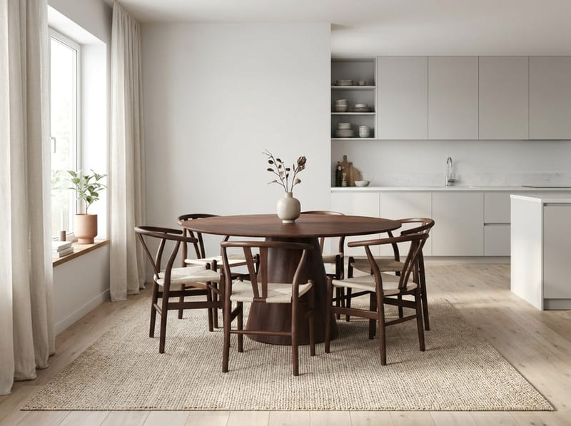 Siena Rund Matgrupp 150 cm – Matbord med 6 Dastoori Matstolar i Trä med Valnötsutseende - Brun - Products - Möbler - Bord & matgrupp - Matgrupp
