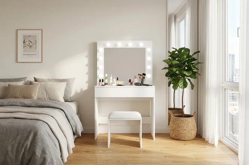 Glow Litet sminkbord 80 cm med spegel lådor och pall -  LED Belysning - Vit - Products - Möbler - Bord & matgrupp - Sminkbord & toalettbord