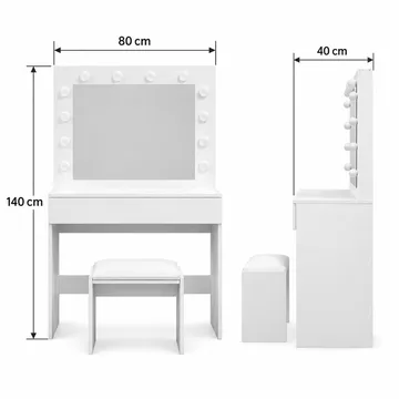 Glow Litet sminkbord 80 cm med spegel lådor och pall -  LED Belysning - Vit - Products - Möbler - Bord & matgrupp - Sminkbord & toalettbord