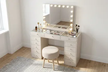Glow Sminkbord 120 cm med Glasskiva Förvaring och Lådor samt Spegel 80 cm med Belysning - Beige - Products - Möbler - Bord & matgrupp - Sminkbord & toalettbord