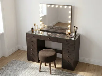 Glow Sminkbord 120 cm med Glasskiva Förvaring och Lådor samt Spegel 80 cm med Belysning - Brun - Products - Möbler - Bord & matgrupp - Sminkbord & toalettbord