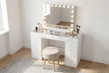 Glow Sminkbord 120 cm med Glasskiva Förvaring och Lådor samt Spegel 80 cm med Belysning - Vit - Products - Möbler - Bord & matgrupp - Sminkbord & toalettbord