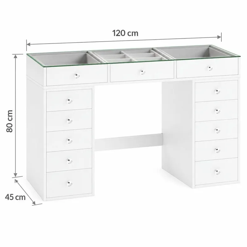 Glow Sminkbord 120 cm med Glasskiva Förvaring och Lådor samt Spegel 80 cm med Belysning - Vit - Products - Möbler - Bord & matgrupp - Sminkbord & toalettbord