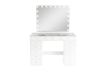 Glow Sminkbord 120 cm med Glasskiva Förvaring och Lådor samt Spegel 80 cm med Belysning - Vit - Products - Möbler - Bord & matgrupp - Sminkbord & toalettbord