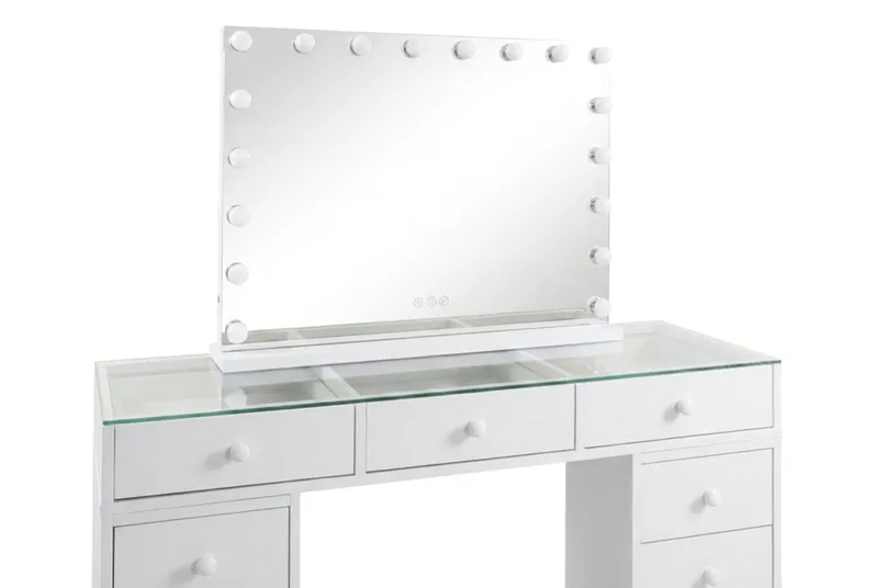 Glow Sminkbord 120 cm med Glasskiva Förvaring och Lådor samt Spegel 80 cm med Belysning - Vit - Products - Möbler - Bord & matgrupp - Sminkbord & toalettbord