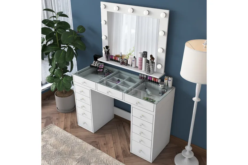 Ramender Stort Sminkbord med spegel och lampor med förvaring - Glas / Vit - Products - Möbler - Bord & matgrupp - Sminkbord & toalettbord