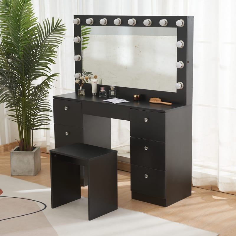 Sminkbord med belysning och kristall-handtag - Svart - Products - Möbler - Bord & matgrupp - Sminkbord & toalettbord