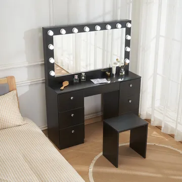 Sminkbord med belysning och kristall-handtag - Svart - Products - Möbler - Bord & matgrupp - Sminkbord & toalettbord