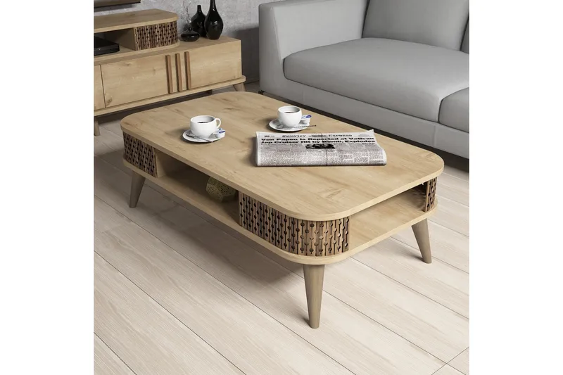 Hovdane Soffbord 105 cm med Förvaring Hylla Runda Hörn - Ljusbrun - Products - Möbler - Bord & matgrupp - Soffbord - Soffbord med förvaring
