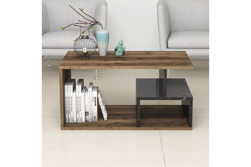 Soffbord Garavelo Soffbord 90 cm med Förvaring Hyllor Marmormönster Svart,Trä/Natur,Mörkbrun - Products - Möbler - Bord & matgrupp - Soffbord - Soffbord med förvaring