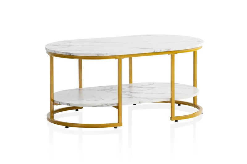 Soffbord Wohnling marmorutseende ovalt 100 cm med förvaringshylla, Bauhaus-stil Marmor Vit - Marmor Vit - Products - Möbler - Bord & matgrupp - Soffbord