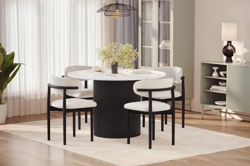 Uppveda Matbord 120 cm Rund med 4 st Jaiveer Matstolar - Svart/Vit - Products - Möbler - Bord & matgrupp - Matgrupp