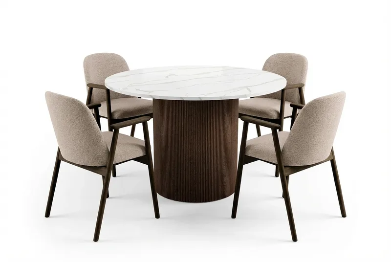 Uppveda Runt Matbord 120 cm med 4 Reciclar Matstolar - Vit/Brun/Greige - Products - Möbler - Bord & matgrupp - Matgrupp