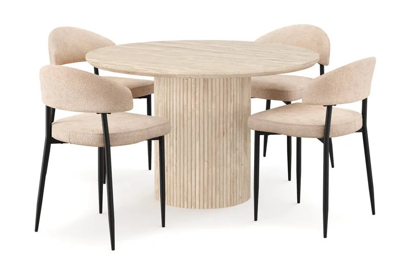 Uppveda Runt Matbord 120cm Travetin utseende med 4 st Jairam Matstolar - Beige - Products - Möbler - Bord & matgrupp - Matgrupp