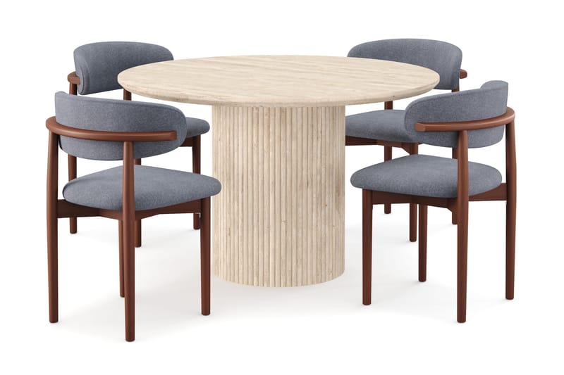 Uppveda Runt Matbord 120cm Travetin utseende med 4 st Jaiveer Matstolar - Beige - Products - Möbler - Bord & matgrupp - Matgrupp