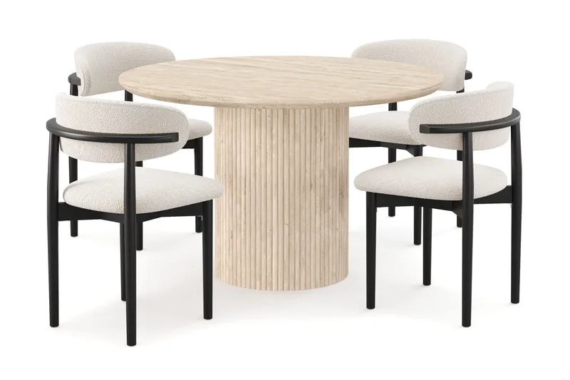 Uppveda Runt Matbord 120cm Travetin utseende med 4 st Jaiveer Matstolar - Beige - Products - Möbler - Bord & matgrupp - Matgrupp