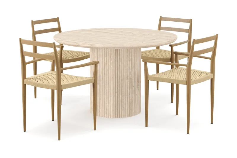 Uppveda Runt Matbord 120cm Travetin utseende med 4 st Jamna Karmstolar - Beige - Products - Möbler - Bord & matgrupp - Matgrupp