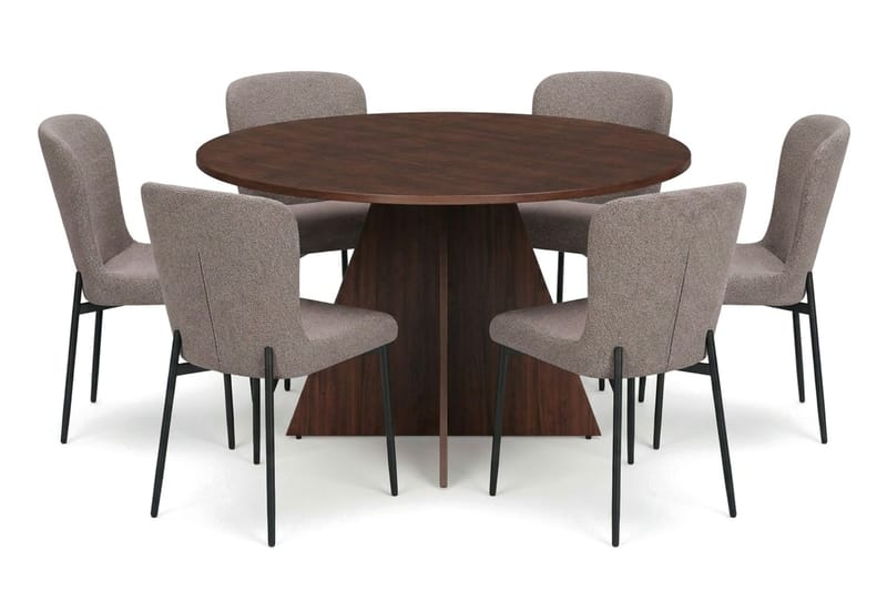Vera Rund Matgrupp 130 cm – Matbord med 6 Elsie Matstolar med Trä- och Valnötsutseende - Brun|Grå - Products - Möbler - Bord & matgrupp - Matgrupp