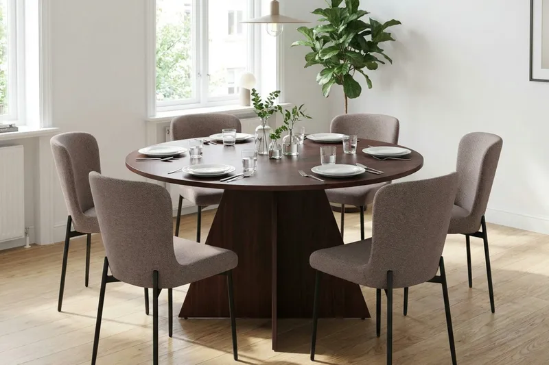 Vera Rund Matgrupp 130 cm – Matbord med 6 Elsie Matstolar med Trä- och Valnötsutseende - Brun|Grå - Products - Möbler - Bord & matgrupp - Matgrupp