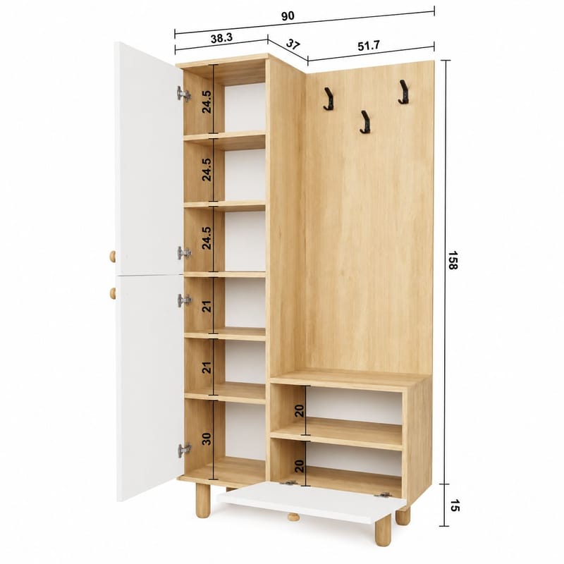 Faylen Hallmöbel 90x173x37 cm - Vit och ek - Products - Möbler - Hallmöbler - Möbelset för hall & entre