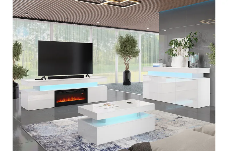 Glenndale Tv bänk med Förvaring + LED kamin + Belysning 190 cm - Vit - Products - Möbler - TV- & Mediamöbler - TV bänk & mediabänk