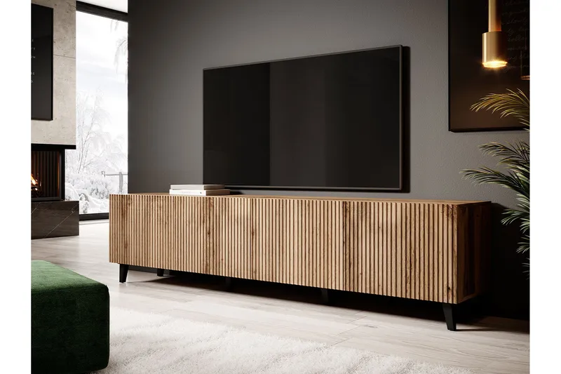 Juniskär Ribbad TV Bänk i trä med förvaring - 40 cm djup 200 cm bred 49 cm hög - Ek / Svart / Trä / Ribbad - Products - Möbler - TV- & Mediamöbler - TV bänk & mediabänk