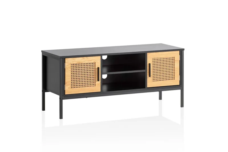 Lowboard Wohnling spånskiva folierad med 2 skjutdörrar, wienflät, modern stil Svart, Ek, Svart, Ek