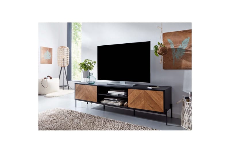 Lowboard Wohnling Ekfanerad med 2 dörrar Förvaringsbrickor Metallben Lantlig stil - Products - Möbler - TV- & Mediamöbler - Mediastativ & väggfäste - Tv-stativ & Tv-väggfäste