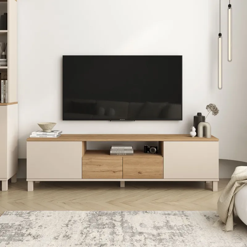 Aldarte TV-bänk 180x49,2x35 cm - Sand och ek - Products - Möbler - TV- & Mediamöbler - TV bänk & mediabänk