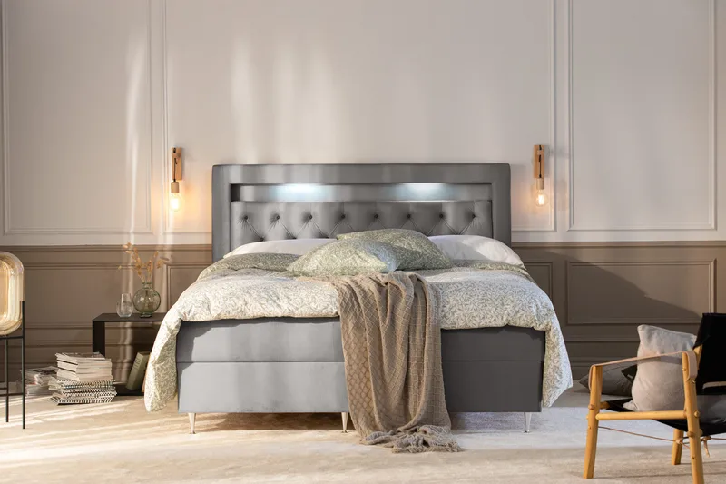 Alessia Komplett Sängpaket med Förvaring LED-belysning 180x200 cm - Grå / Ljusgrå - Products - Möbler - Säng - Säng med förvaring