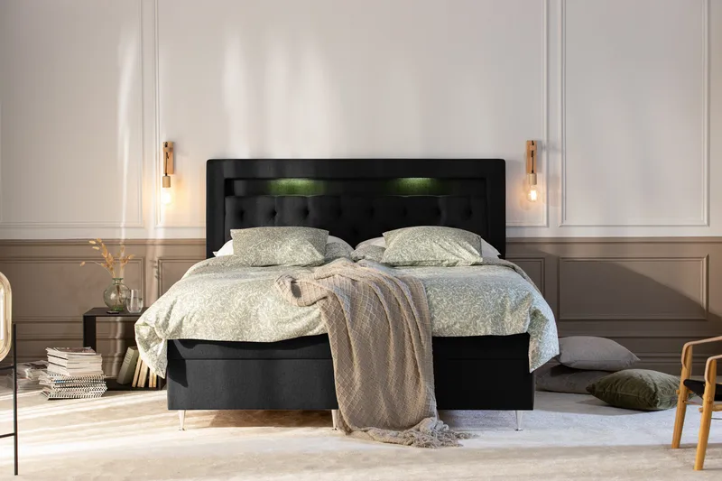 Alessia Komplett Sängpaket med Förvaring LED-belysning 180x200 cm - Svart - Products - Möbler - Säng - Säng med förvaring