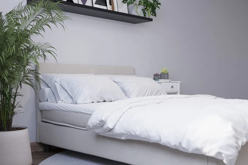 Billingen Komplett Sängpaket – Kontinentalsäng 120x200 cm i Tyg med Sänggavel + Bäddmadrass med Fasthetsgrad Medium - Beige - Products - Möbler - Säng - Enkelsäng