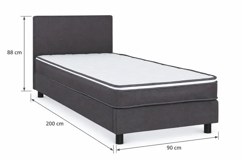 Billingen Komplett Sängpaket – Kontinentalsäng 90x200 cm i Tyg med Sänggavel + Bäddmadrass med Fasthetsgrad Medium - Grå - Products - Möbler - Säng - Kontinentalsäng