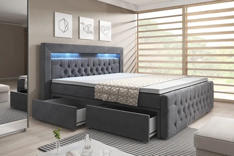 Franco Komplett Sängpaket med förvaring LED-belysning 160x200 cm - Grå / Sammet - Products - Möbler - Säng - Säng med förvaring