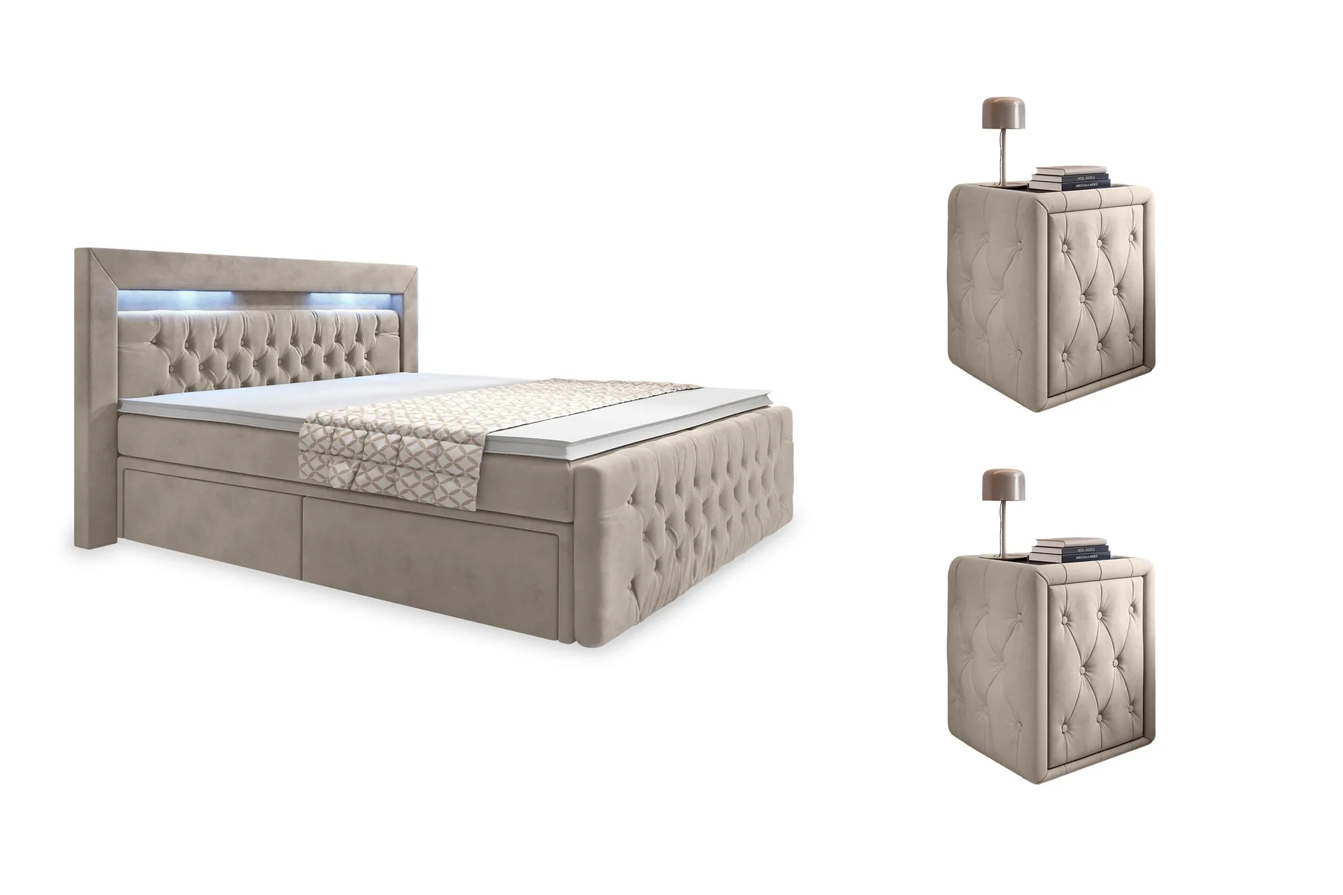 Franco Komplett Sängpaket med förvaring LED-belysning 180x200 cm + 2st Franco Sängbord