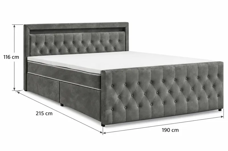 Franco light Komplett Sängpaket med förvaring LED-belysning 180x200 cm - Grå - Products - Möbler - Säng - Säng med förvaring