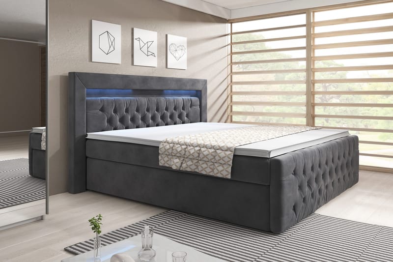 Franco Sängpaket med förvaring LED-belysning 160x200 cm, 160x200 Grå (+Fler val)