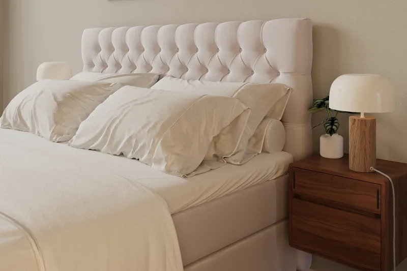 Hilton Lyx Komplett Sängpaket 160x200 cm Kontinentalsäng med knappad sänggavel i sammet - Beige / Sammet - Products - Möbler - Säng - Kontinentalsäng