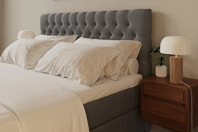 HVILA Lyx Komplett Sängpaket 180x200 cm Kontinentalsäng med knappad sänggavel i sammet - Ljusgrå - Products - Möbler - Säng - Kontinentalsäng
