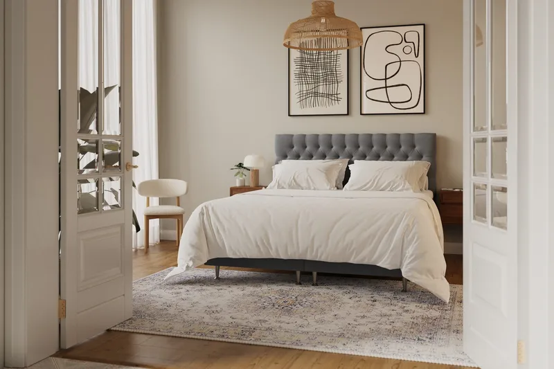 HVILA Lyx Komplett Sängpaket 180x200 cm Kontinentalsäng med knappad sänggavel i sammet - Ljusgrå - Products - Möbler - Säng - Kontinentalsäng