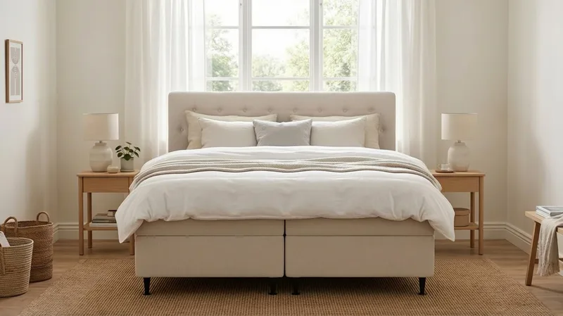 HVILA Plus Komplett Sängpaket – Kontinentalsäng 180x200 cm i Tyg med Förvaring, Sänggavel + Bäddmadrass - Ljusbeige - Products - Möbler - Säng - Komplett sängpaket
