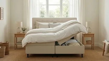 HVILA Plus Komplett Sängpaket – Kontinentalsäng 180x200 cm i Tyg med Förvaring, Sänggavel + Bäddmadrass - Ljusbeige - Products - Möbler - Säng - Komplett sängpaket