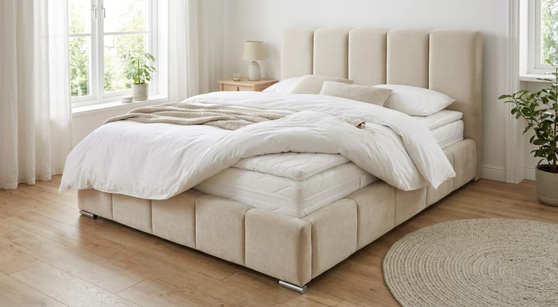 Cleaton Sängram 160x200 cm med Förvaring HVILA Pocketresårmadrass och Bäddmadrass i Polysterskum med Tvättbar klädsel - Beige/Vit - Products - Möbler - Säng - Komplett sängpaket