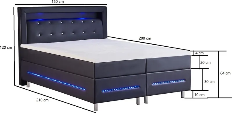 Kontinentalsäng komplett 160 x 200 cm svart PU med Led, Svart