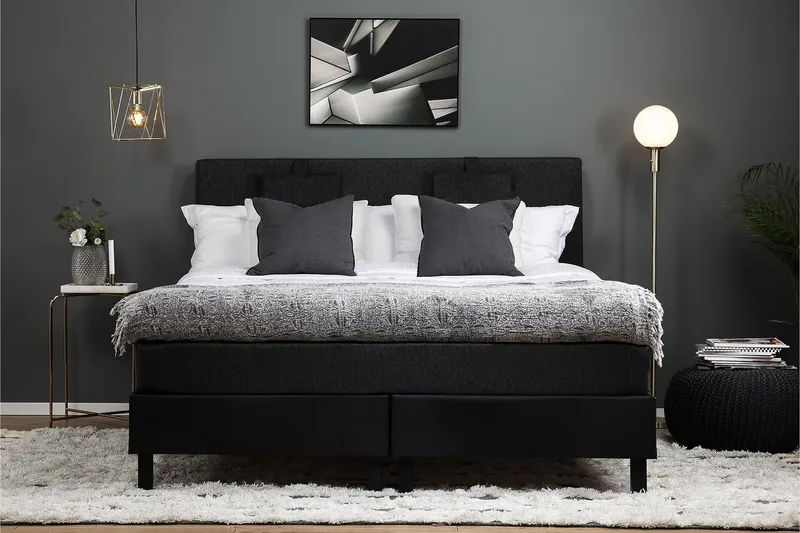 Lucky Komplett Sängpaket 160x200 Memory Slät - Nackkudde Liten Svart/Grå/PU - Products - Möbler - Säng - Kontinentalsäng