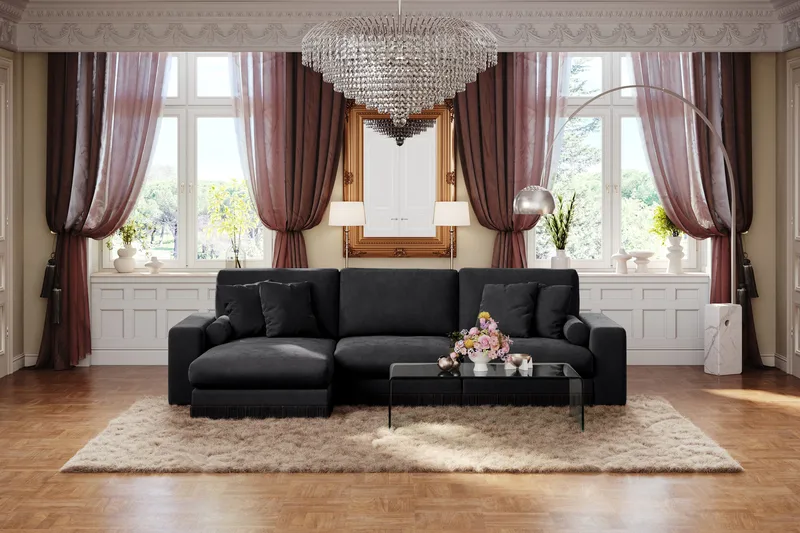 Arken Lyx 5-sits Vändbar L-formad Djup Divansoffa i Sammet - Svart - Products - Möbler - Soffa - Sammetssoffa