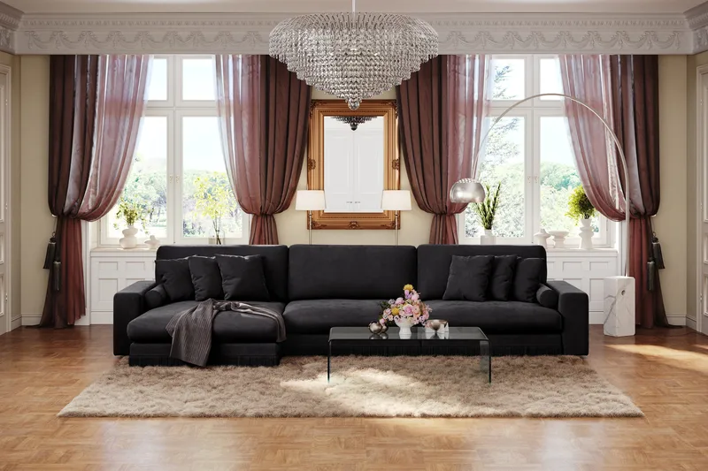 Arken Lyx 6-sits Vändbar L-formad Djup Divansoffa i Sammet - Svart - Products - Möbler - Soffa - Sammetssoffa