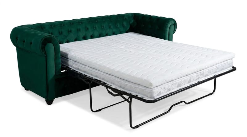 Chesterfield Lyx 3-sits Framåtbäddad Bäddsoffa med HVILA Bäddmadrass 140x200 cm Latex med Tvättbar klädsel - Grön - Products - Möbler - Soffa - Bäddsoffa - 3 sits bäddsoffa