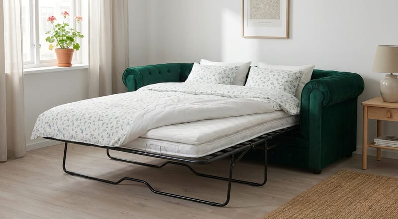 Chesterfield Lyx 3-sits Framåtbäddad Bäddsoffa med HVILA Bäddmadrass 140x200 cm Memoryskum med Tvättbar klädsel - Grön - Products - Möbler - Soffa - Bäddsoffa - 3 sits bäddsoffa